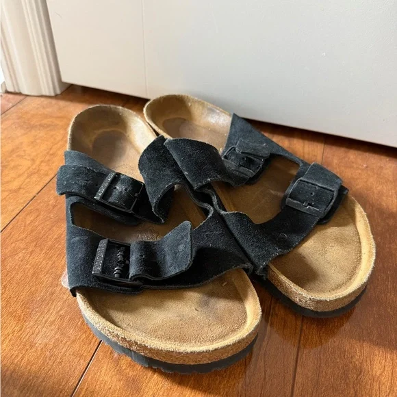 Black Suede Birkenstock Slide Sandals 42 soft footbed - Picture 2 of 6